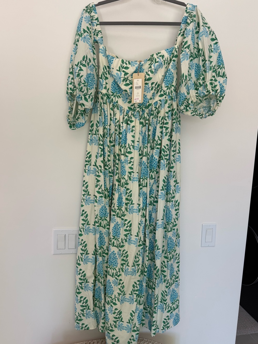Anthropologie Letmebe Cream Maxi Dress with Blue Floral Print and Puff Sleeves